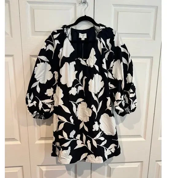 NEW Kate Spade Rose Poplin Balloon Black White Sleeve Mini Dress - Picture 3 of 8